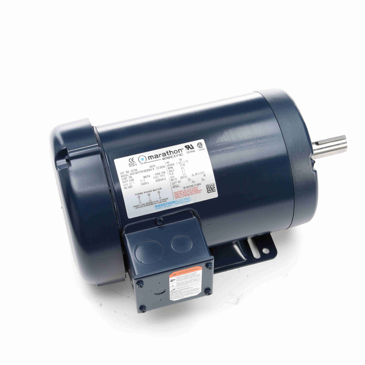 Marathon Electric E2154, 1 1/2 Hp, 1800 Rpm, 145T FR, 200 Vac, 3 PH, TEFC, Rigid Base, NEMA Premium XRI Efficiency Motor, 145TTFR16038.