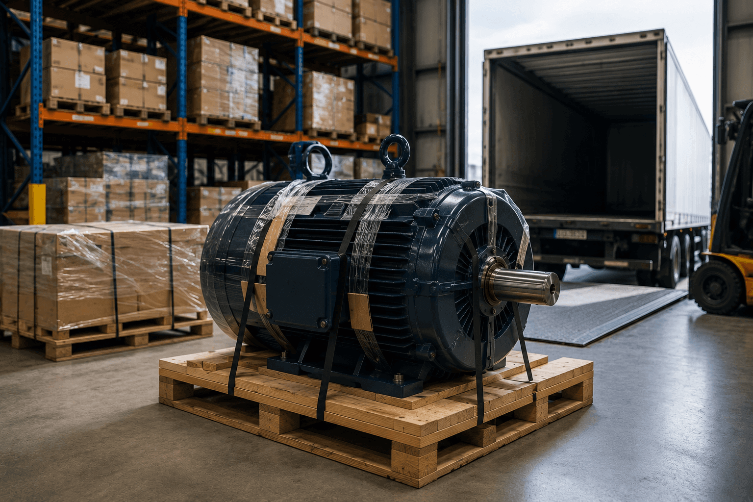 Industrial motor prepared for freight shipping
