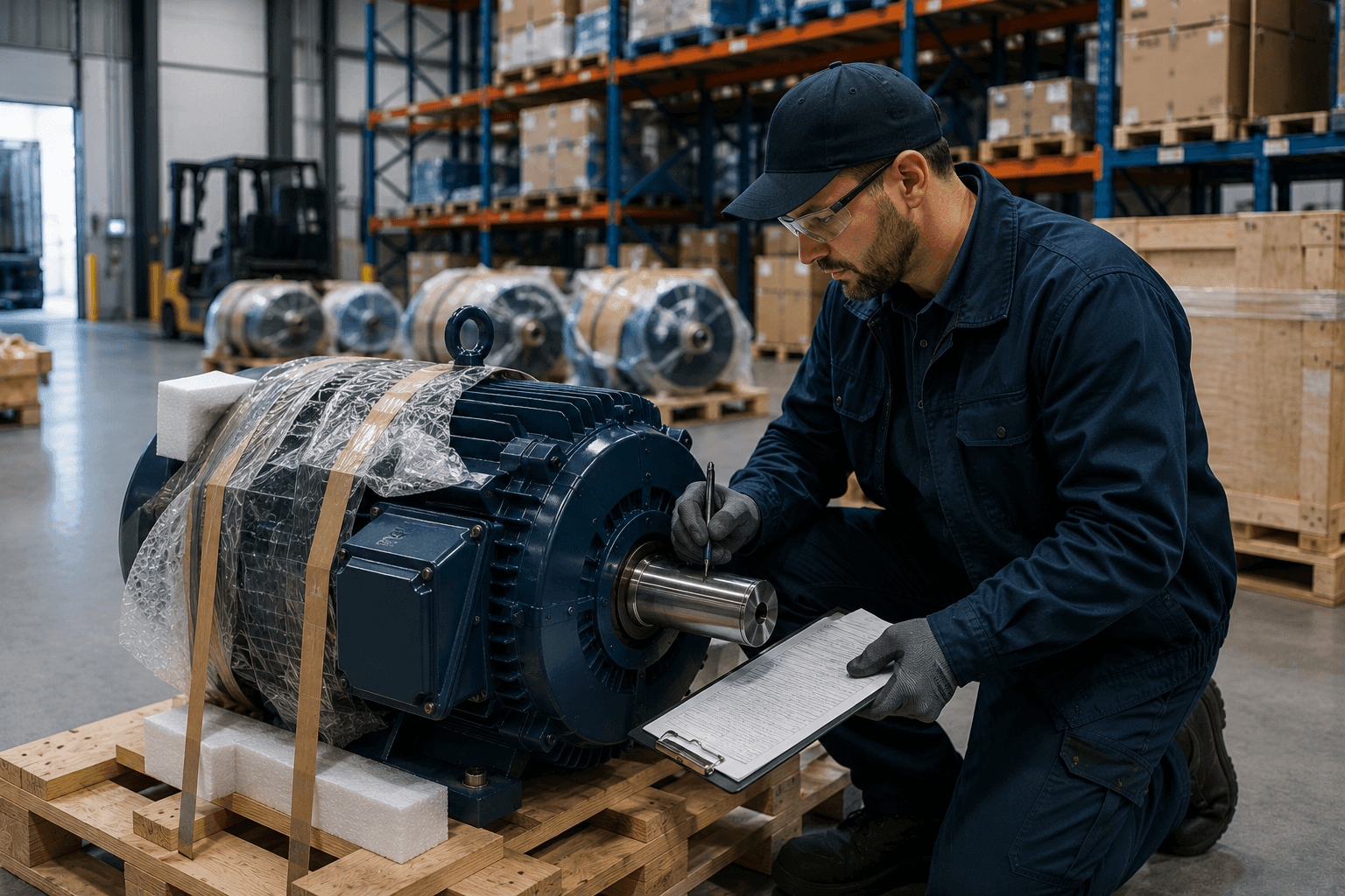 Warehouse employee inspecting an industrial motor return