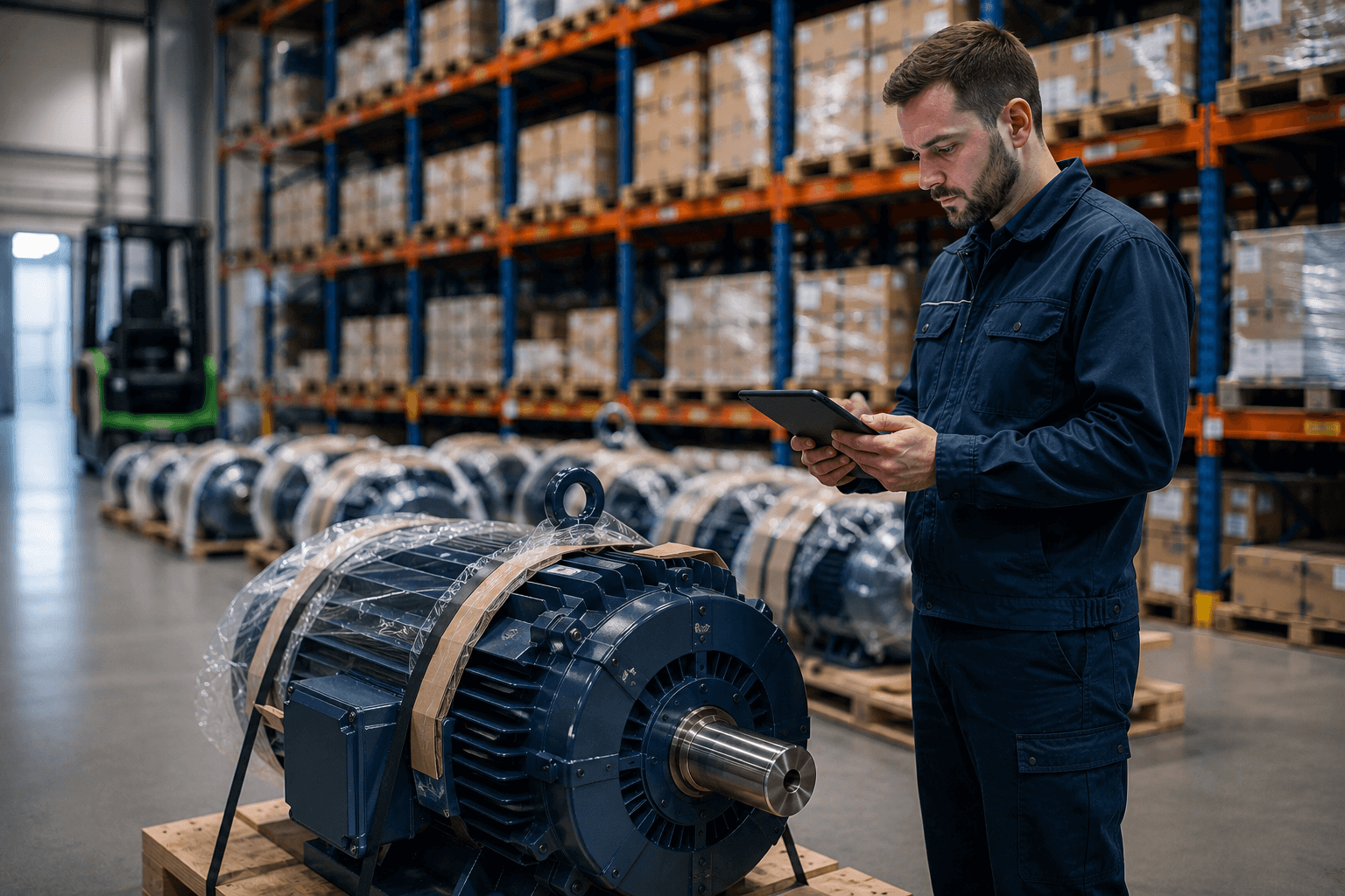 Warehouse team reviewing industrial motor inventory