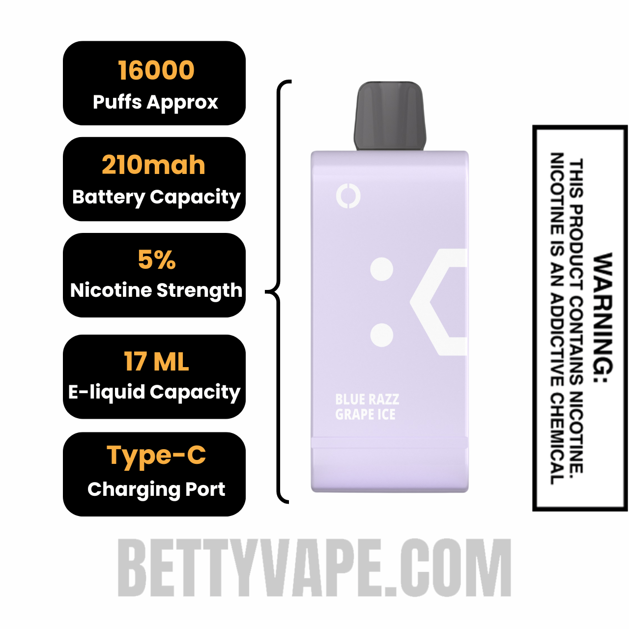 Blue Razz Grape Ice Off Stamp SW16000 Disposable Pod Specifications