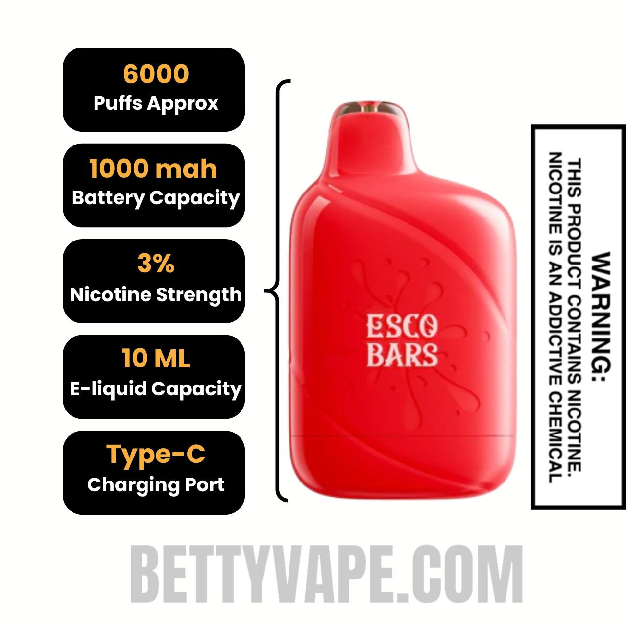 Pixie Dust Esco Bars Mesh Vape 6000 Puffs 3% Nic Specifications