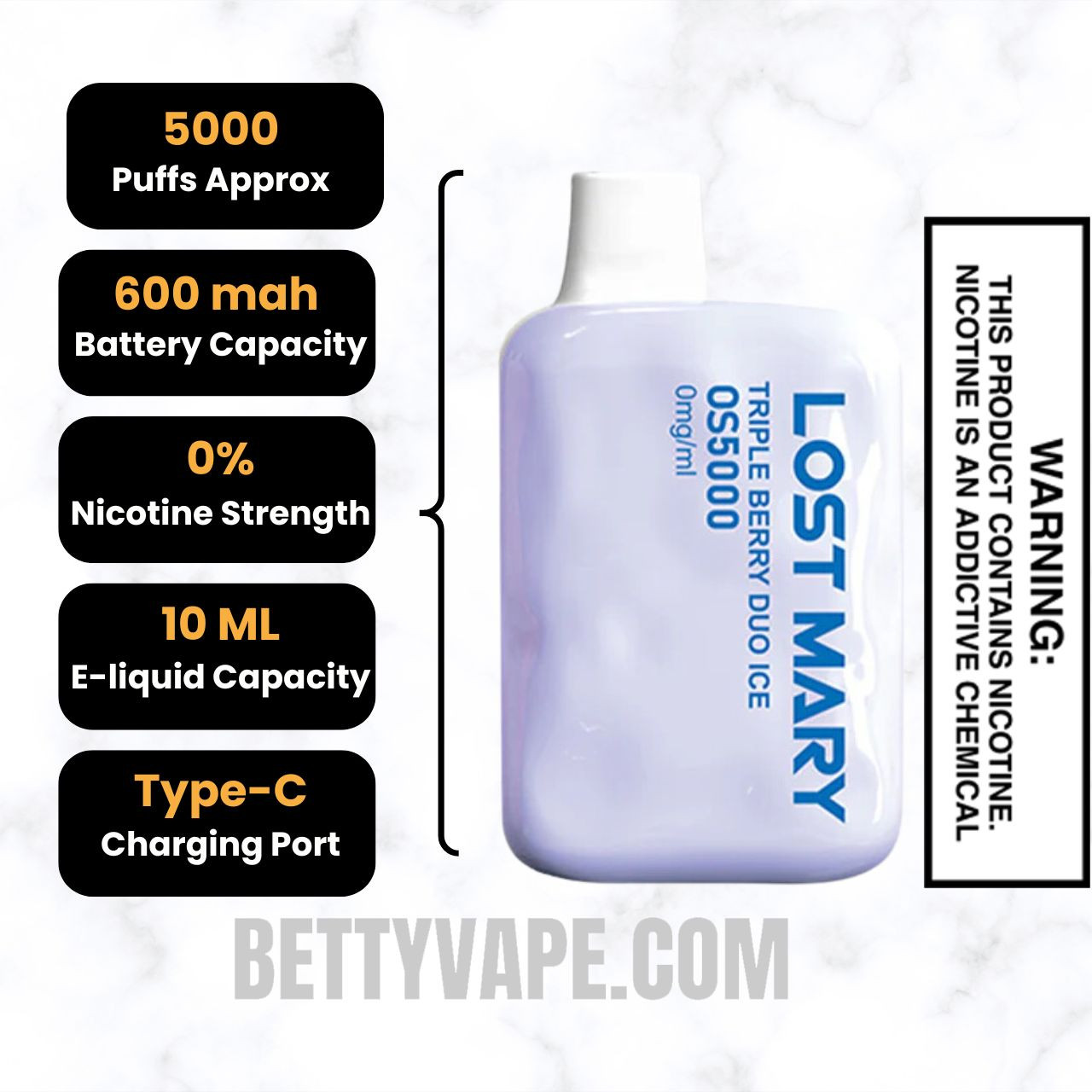 Triple Berry Duo Ice Lost Mary OS5000 Zero Nicotine Vape specifications