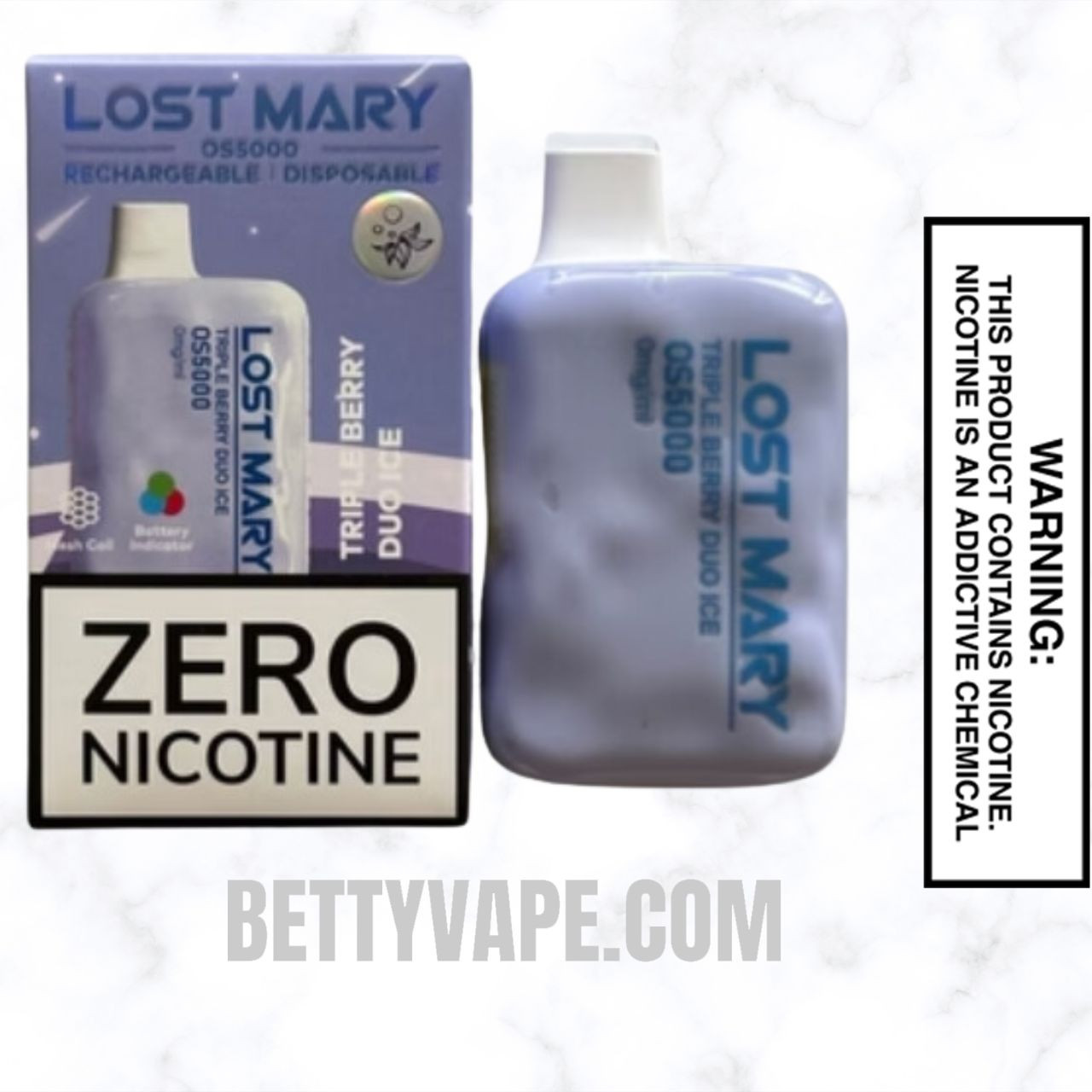 Triple Berry Duo Ice Lost Mary OS5000 Zero Nicotine Vape with package box