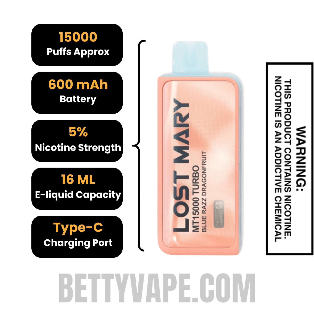 Blue Razz Dragonfruit Lost Mary MT15000 Turbo Disposable Vape Specifications