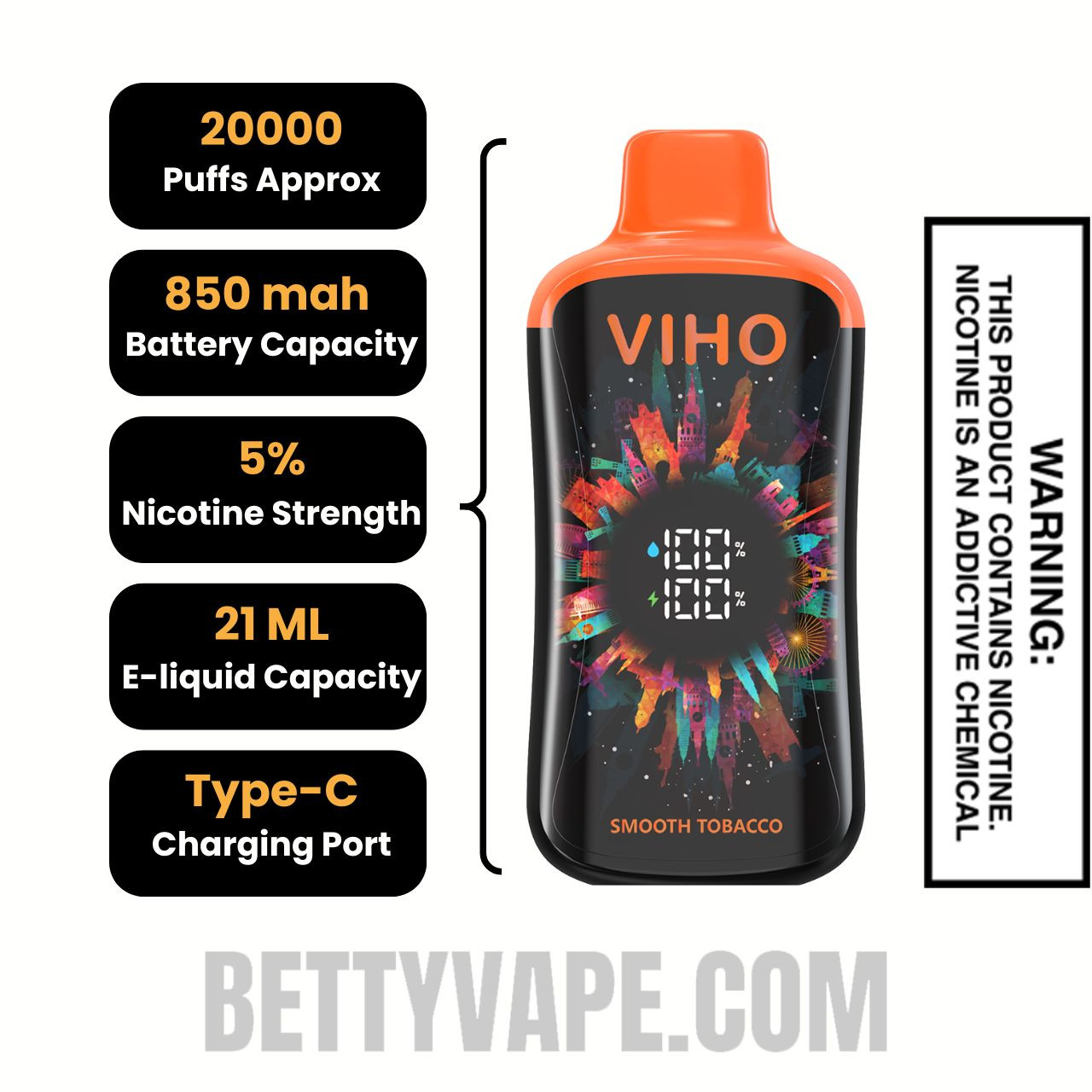 Smooth Tobacco VIHO Supercharge Pro Disposable Vape Specifications