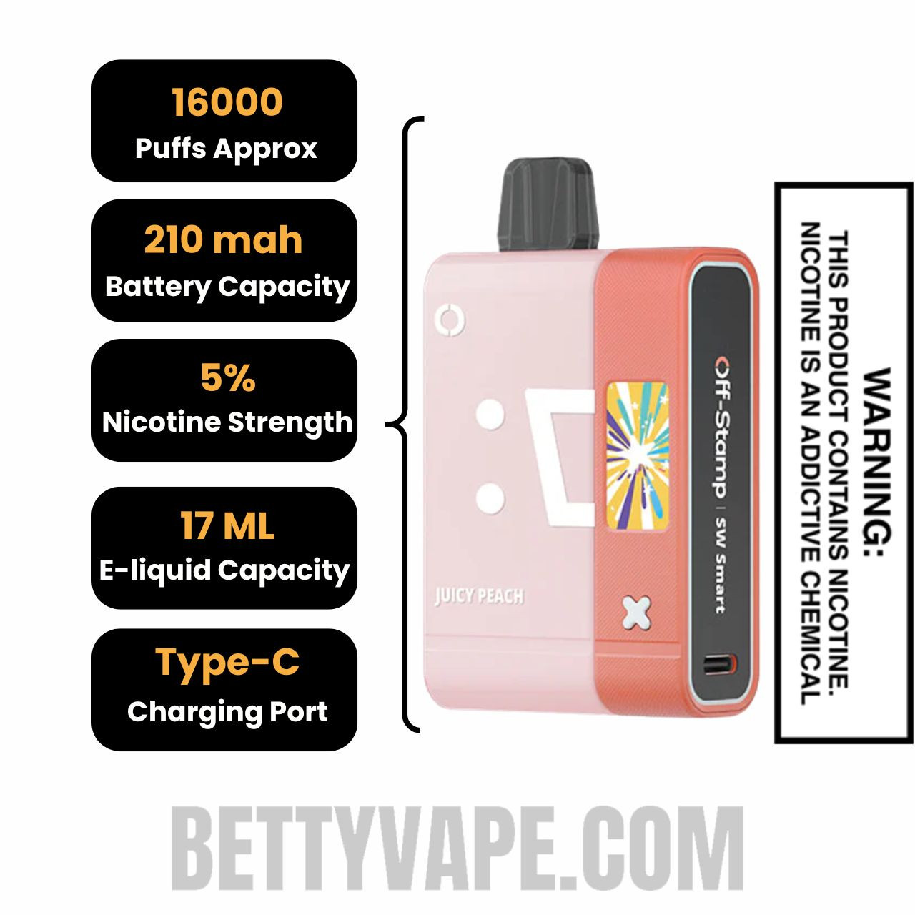 Juicy Peach Off Stamp SW16000 Disposable Vape Kit Specifications
