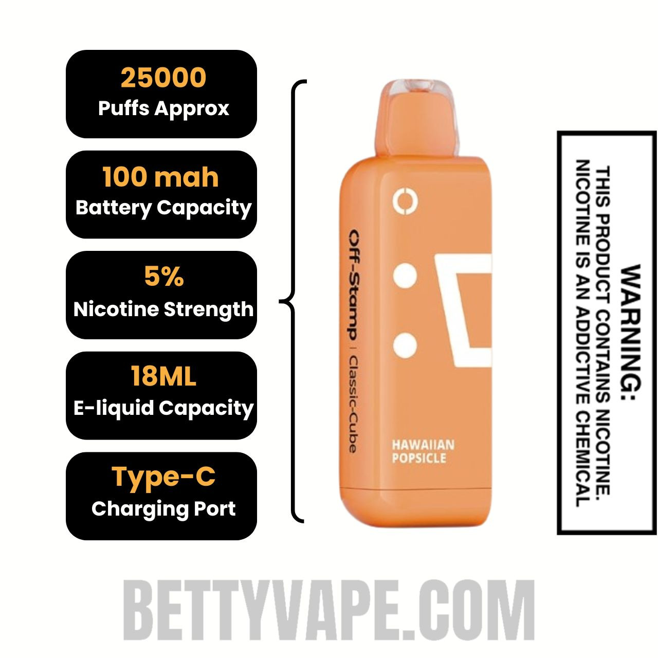 Hawaiian Pop Off Stamp Classic Cube 25K Disposable Pod specifications