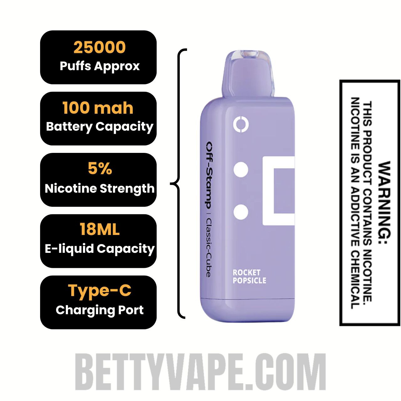 Rocket Pop Off Stamp Classic Cube 25K Disposable Pod Specifications