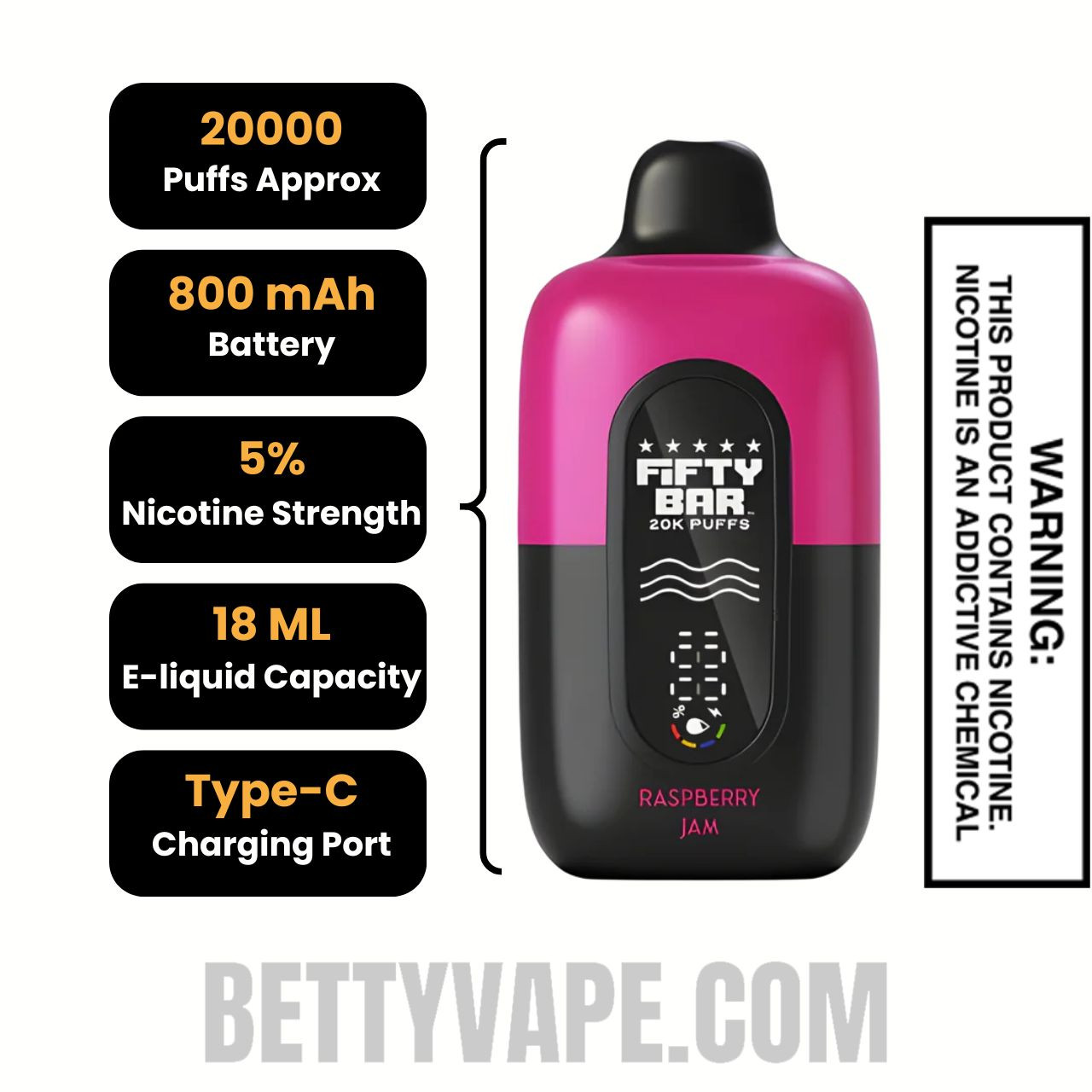Raspberry Jam Fifty Bar 20k Disposable Vape Specifications