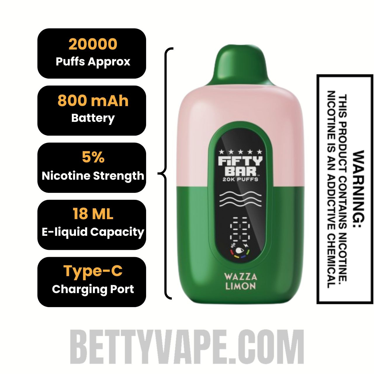 Wazza Limon Hidden Hills X Fifty Bar 20k Disposable Vape Specifications