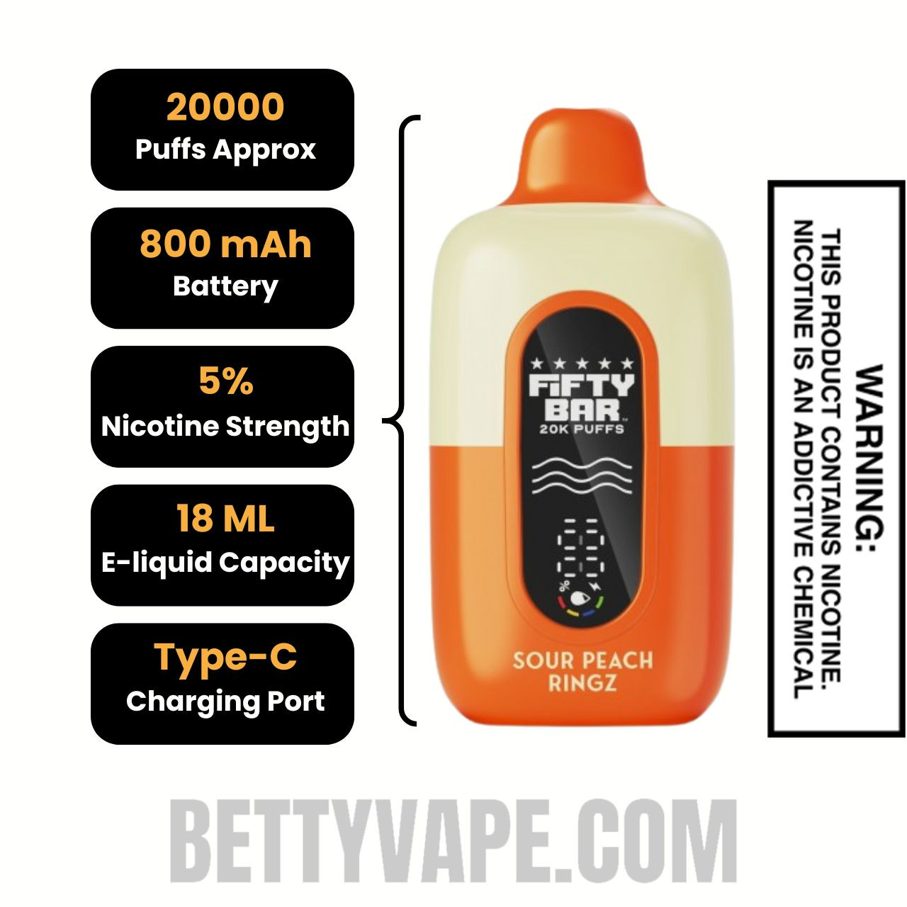 Sour Peach Ringz Hidden Hills X Fifty Bar 20k Disposable Vape Specifications