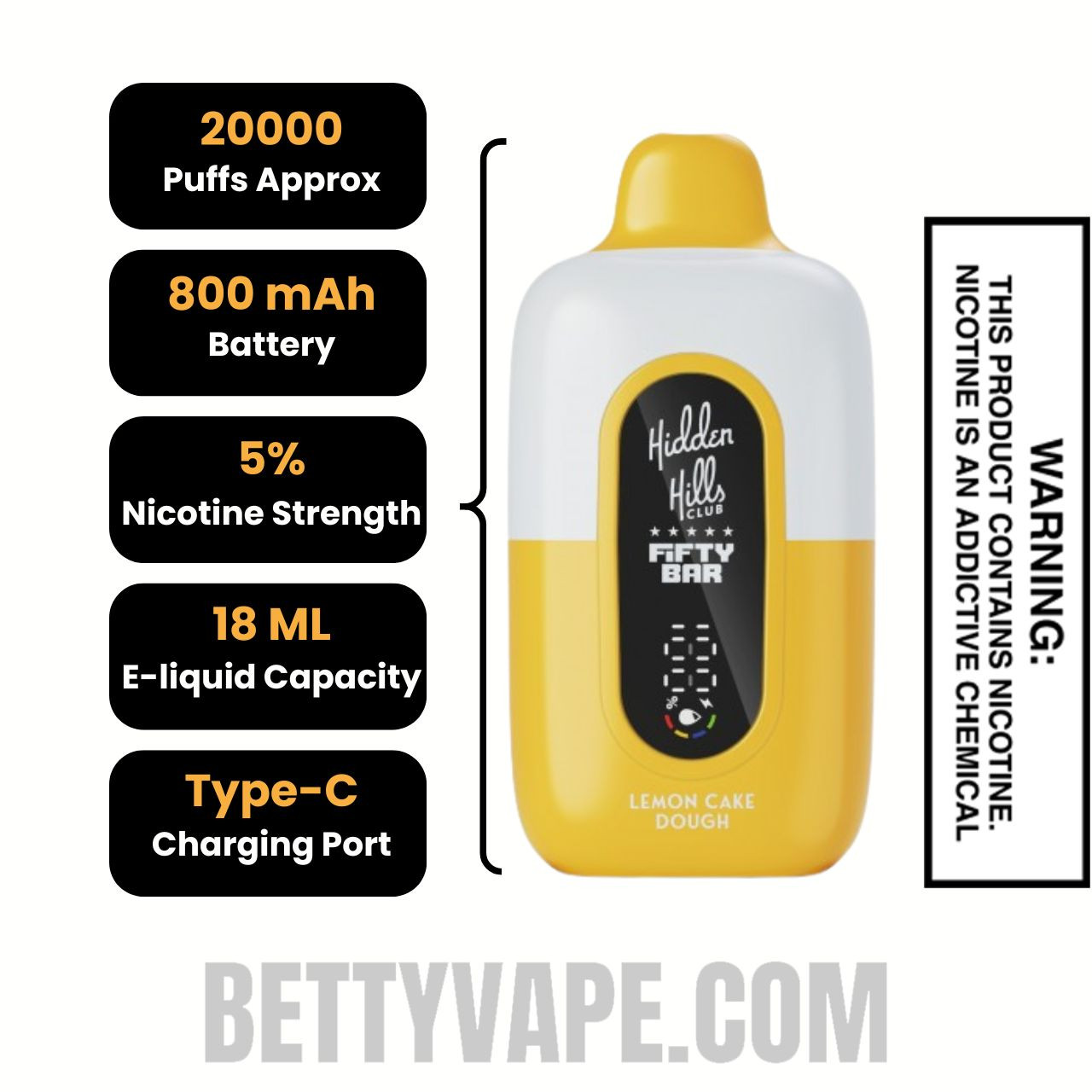 Lemon Cake Dough Hidden Hills X Fifty Bar 20k Disposable Vape Specifications