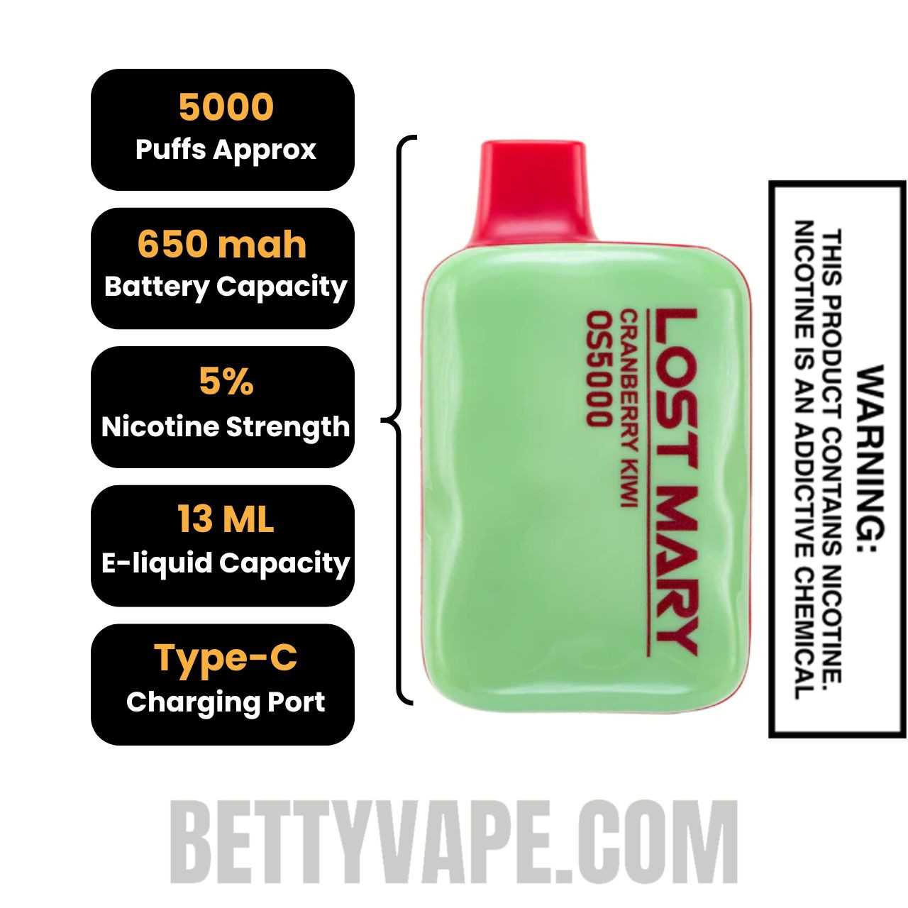 Cranberry Kiwi Lost Mary OS5000 Vape Specifications