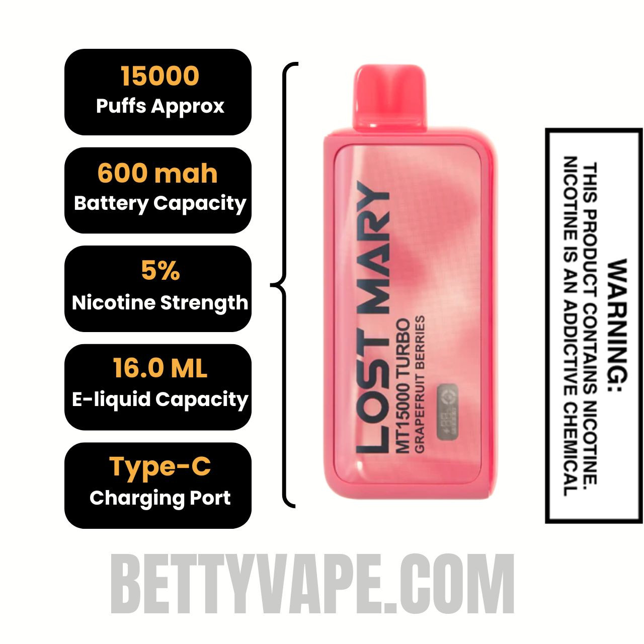 Grapefruit Berries Lost Mary MT15000 Disposable Vape  Specifications
