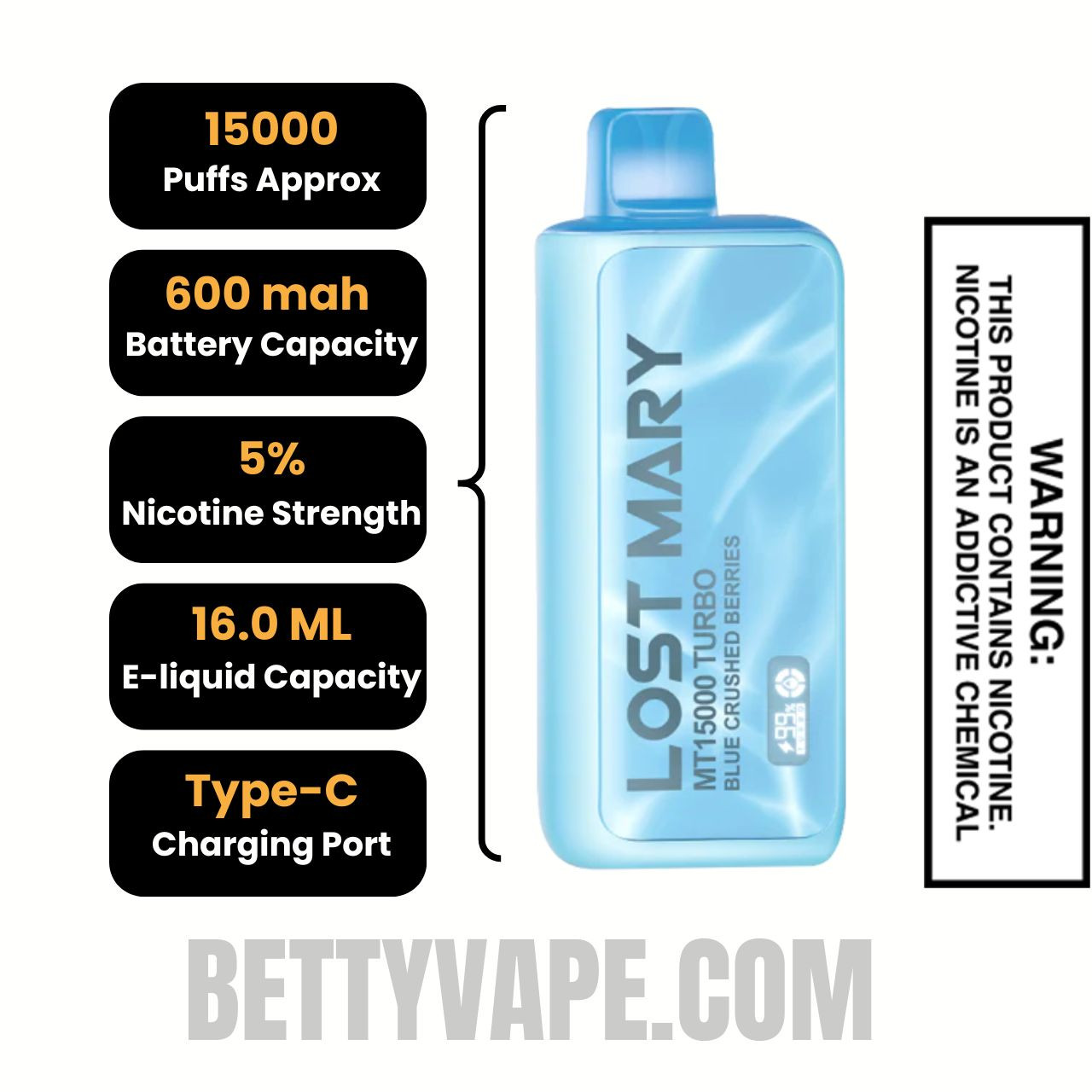 Blue Crushed Berries Lost Mary MT15000 Turbo Vape  Specifications