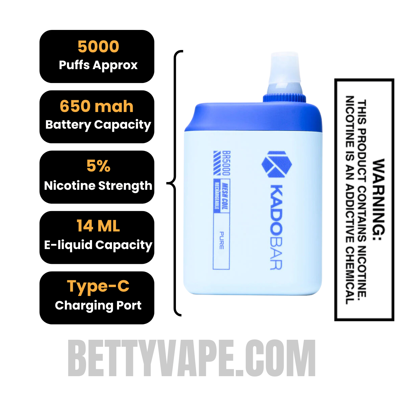 Pure Kado Bar BR5000 Disposable Vape with specifications