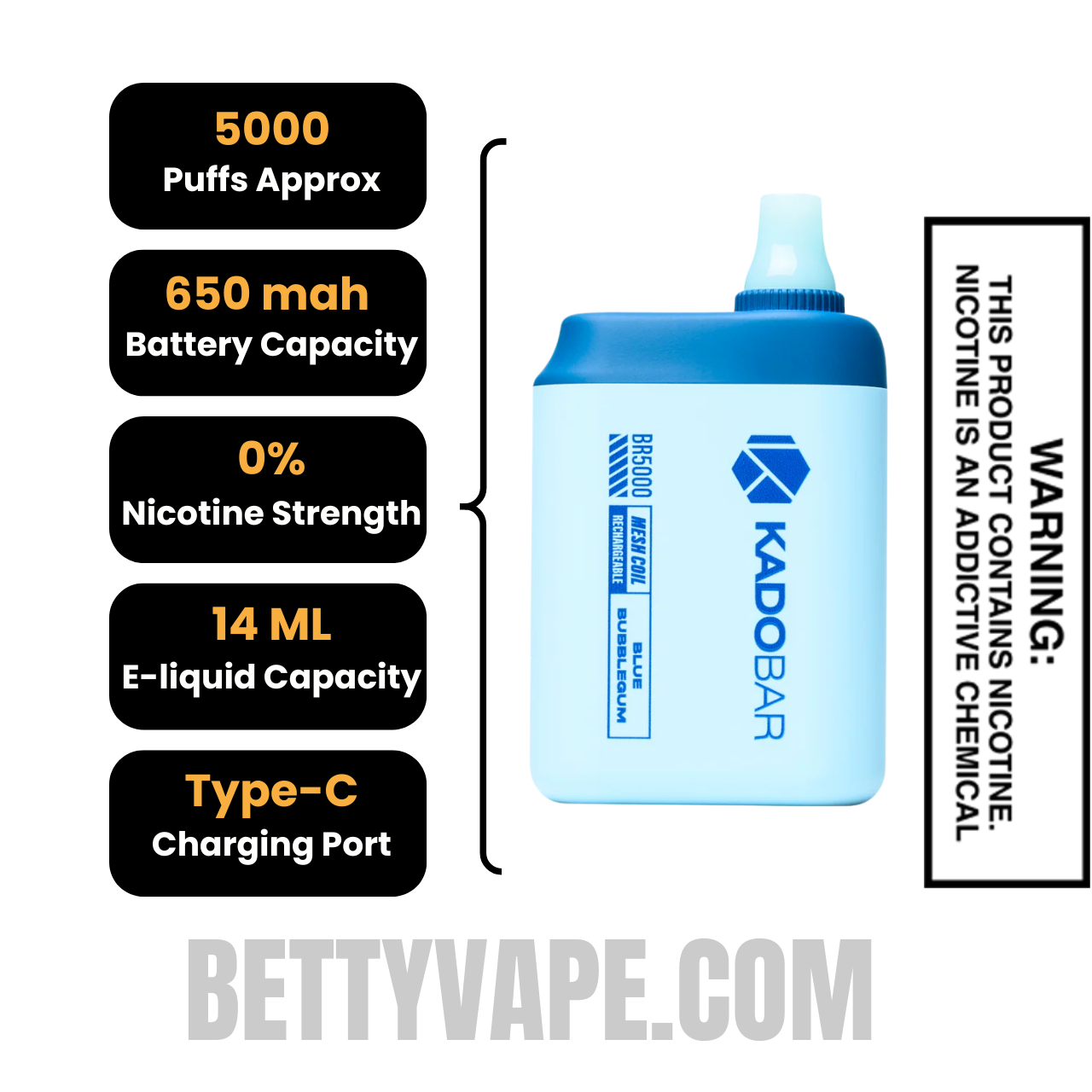 Blue Bubblegum Kado Bar BR5000 Zero Nicotine Disposable Vape with specifications
