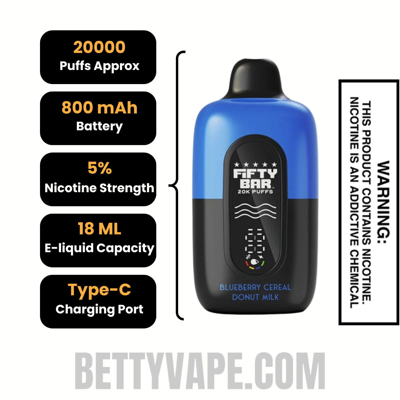 Blueberry Cereal Donut Milk Fifty Bar 20K Disposable Vape Specifications