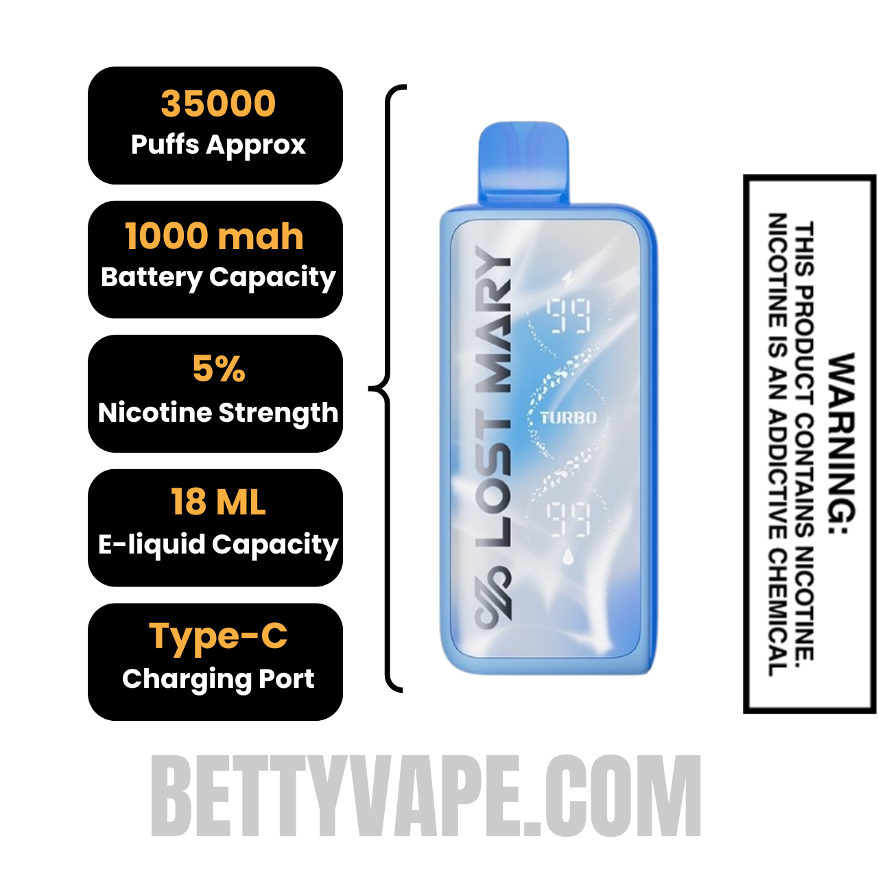 Clear Lost Mary MT35000 Turbo Vape specifications
