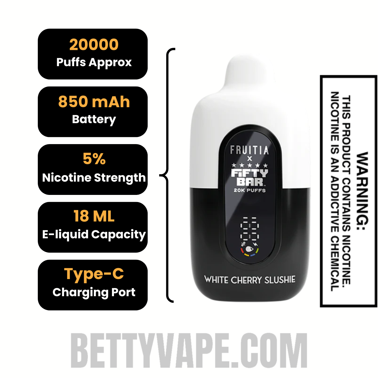 White Cherry Slushie Fruitia X Fifty Bar 20K Disposable Vape Specifications