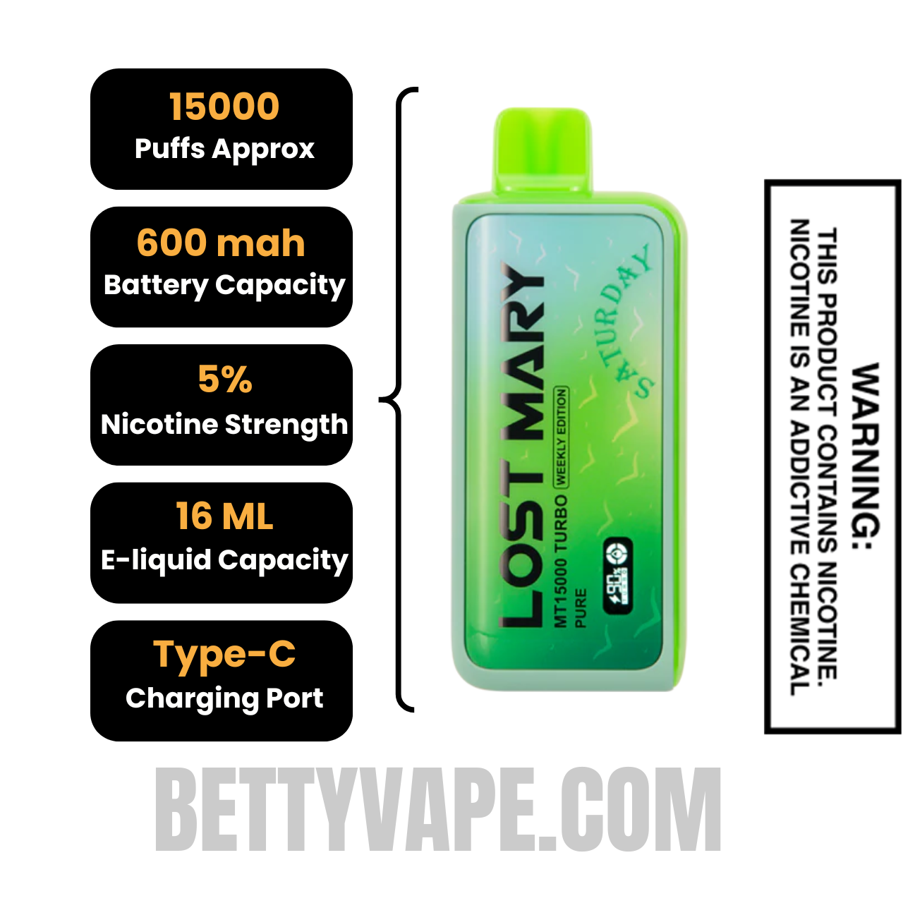 Pure Lost Mary MT15000 Turbo Vape (Saturday) specifications