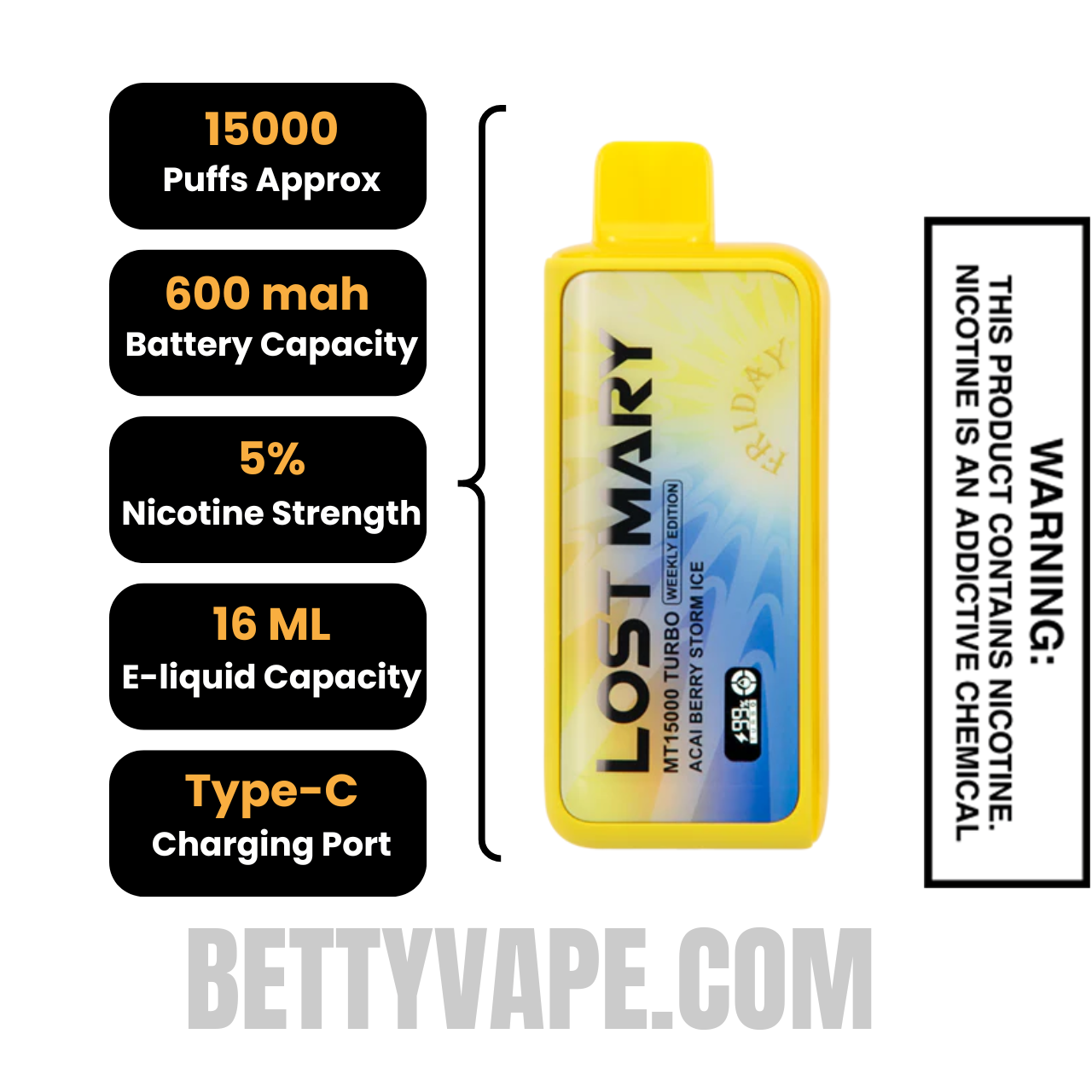 Acai Berry Strom Ice Lost Mary MT15000 Turbo Vape (Friday) specifications