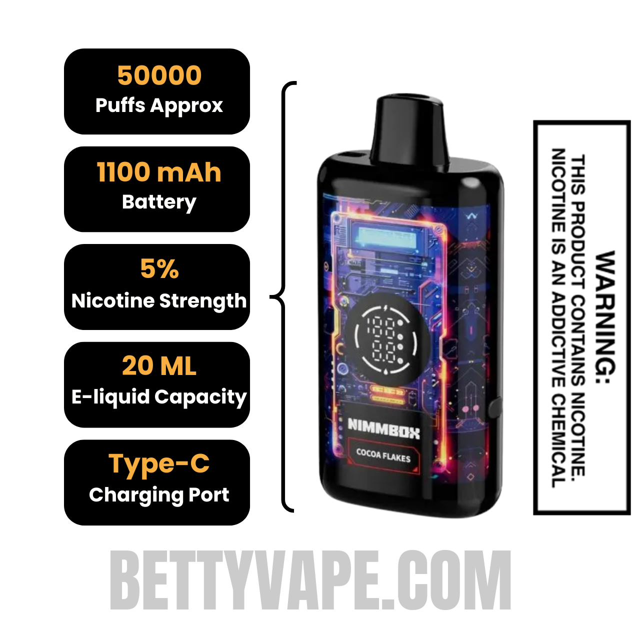 Cocoa Flakes Nimmbox MECHA 50K Disposable Vape specifications