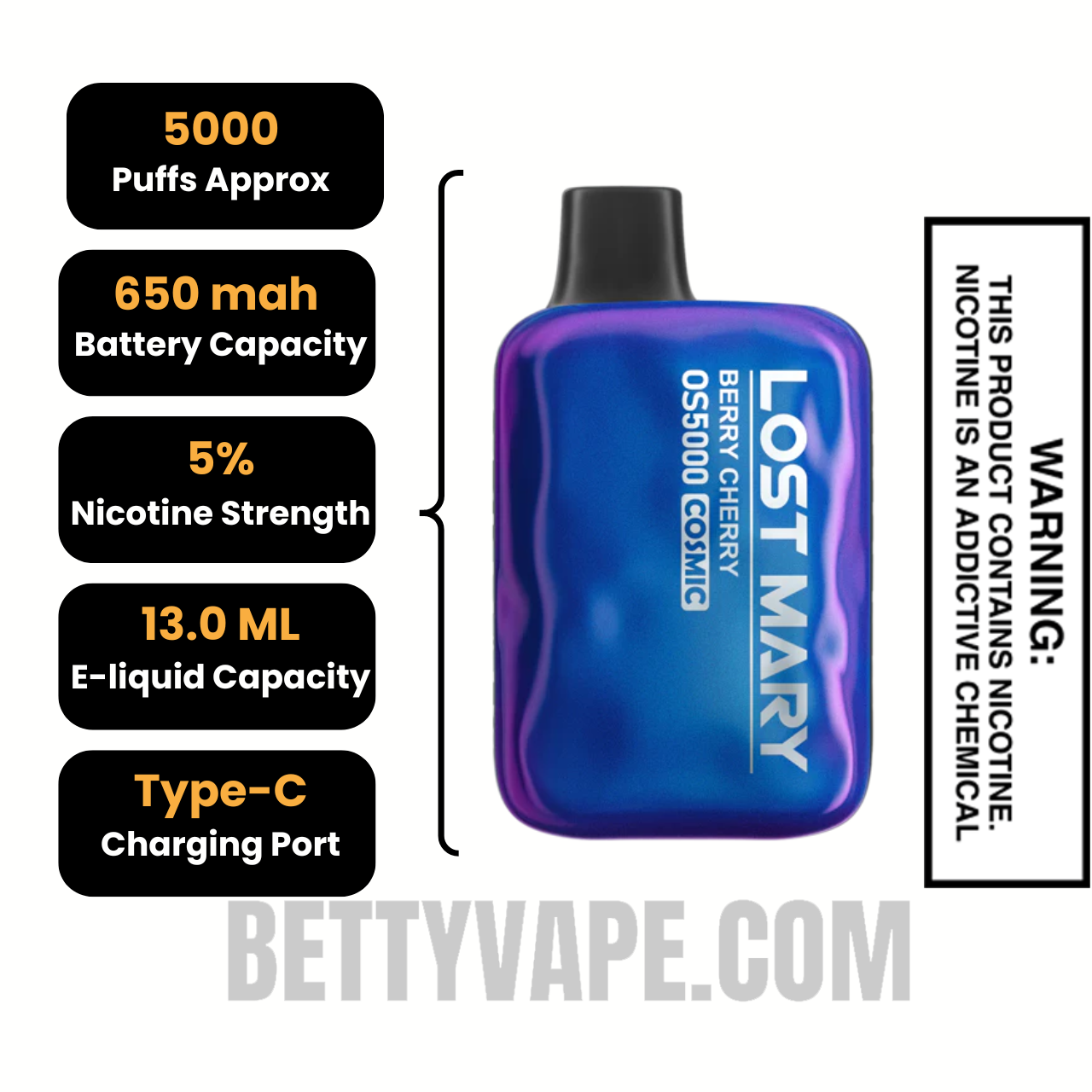 Berry Cherry Lost Mary OS5000 Disposable Vape Specifications