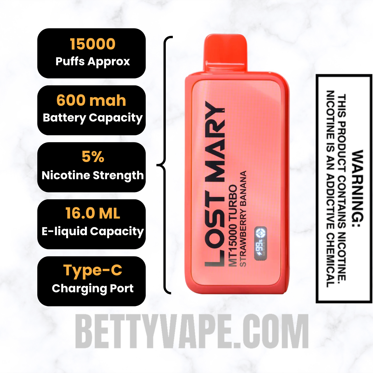 Strawberry Banana Lost Mary MT15000 Turbo Disposable Vape Specifications