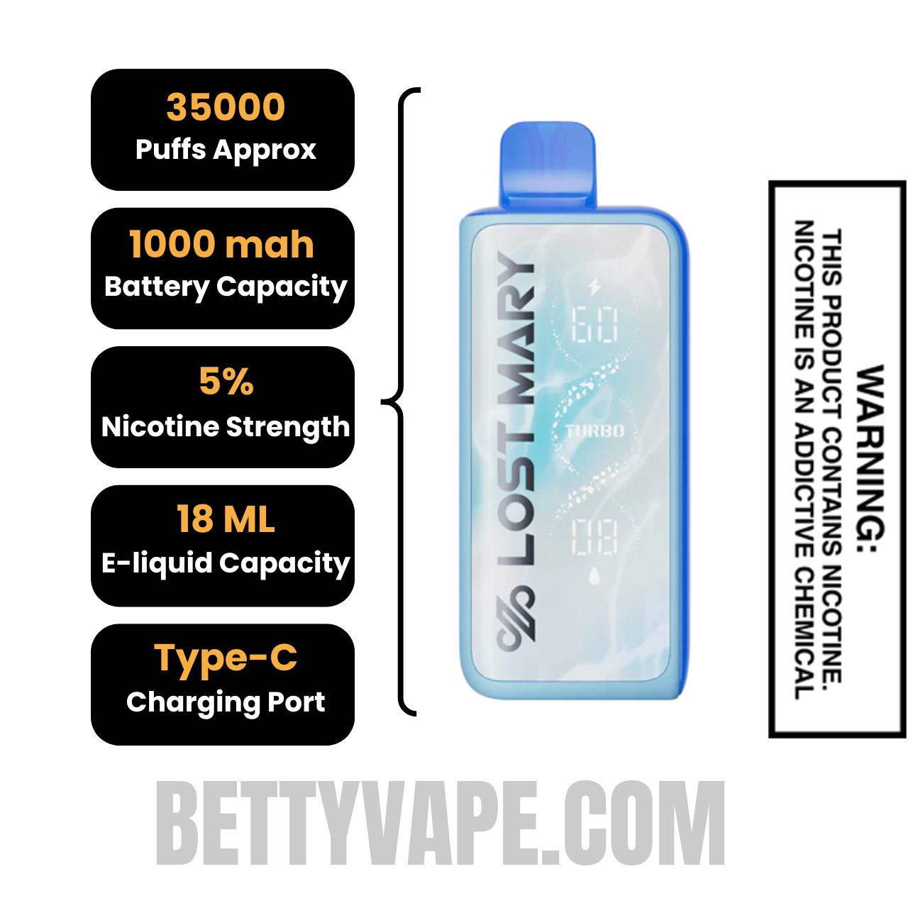 Blue Razz Lemonade Lost Mary MT35000 Turbo Disposable Vape Specifications