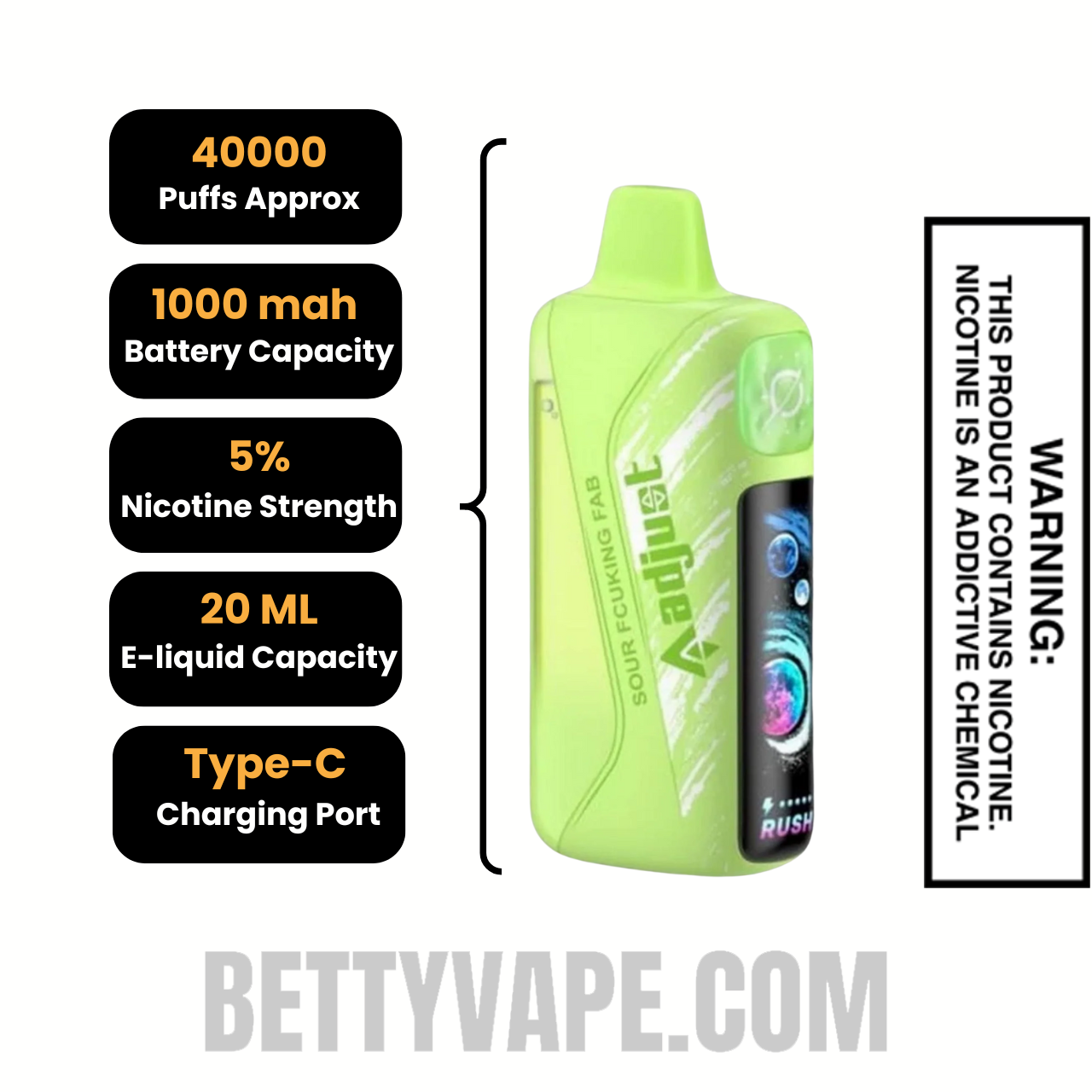 Sour Fcuking Fab Adjust MyRusher 40K Disposable Vape Specifications