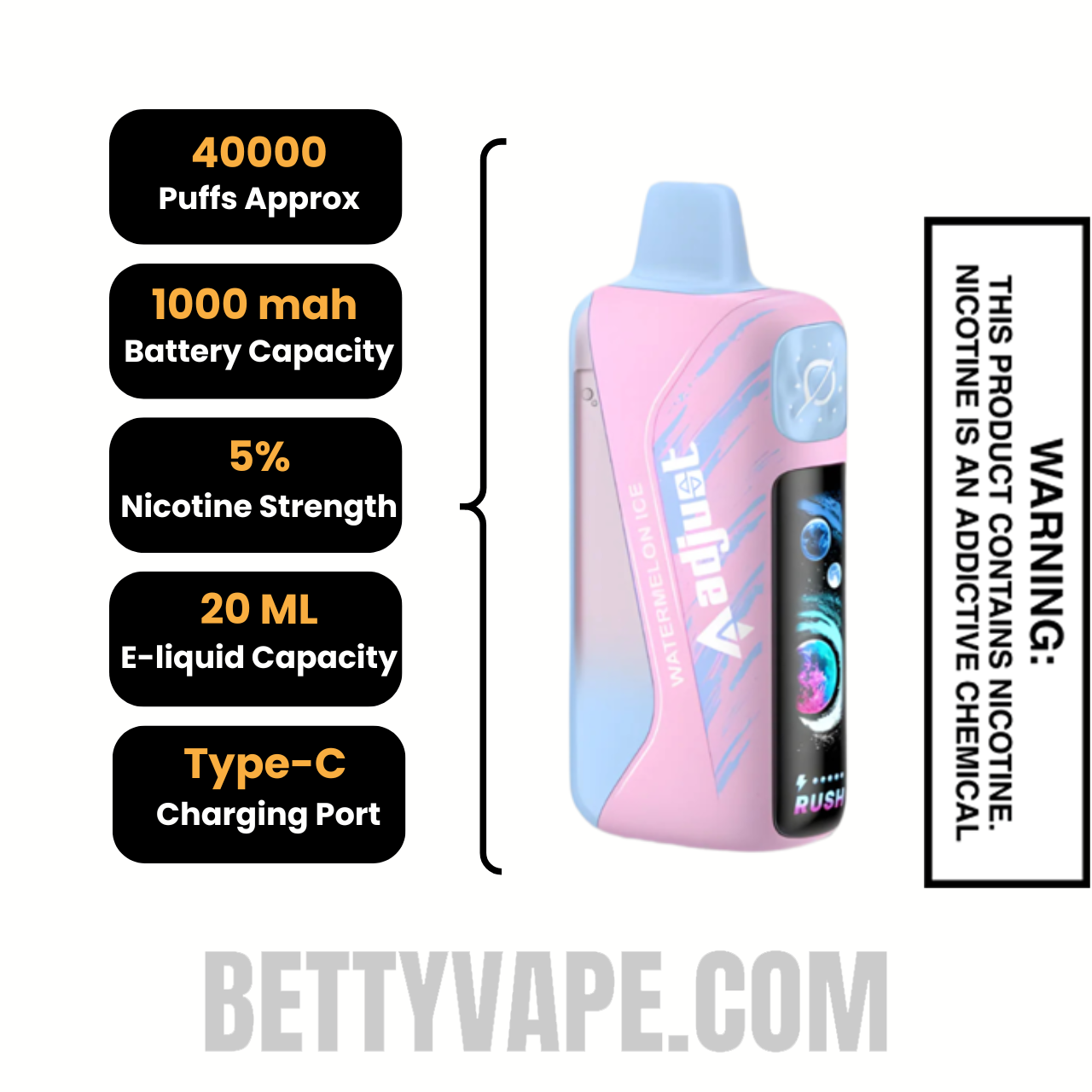 Watermelon Ice Adjust MyRusher 40K Disposable Vape Specifications