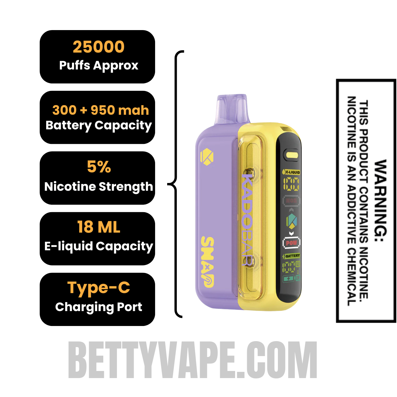 Grapefruit Refresher Kado Bar Snap 25K Disposable Vape Kit Specifications