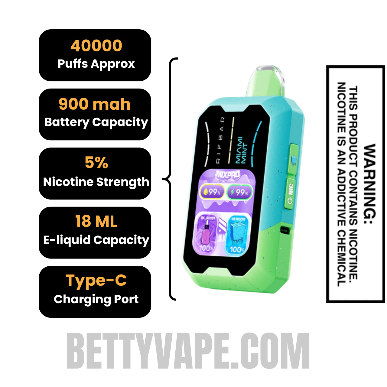 Miami Mint Rifbar MixPro Ice 40K Disposable Vape Specifications