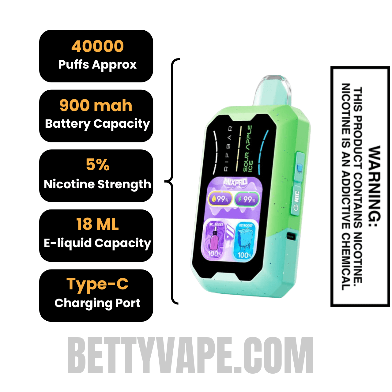 Sour Apple Ice Rifbar MixPro Ice 40K Disposable Vape Specifications