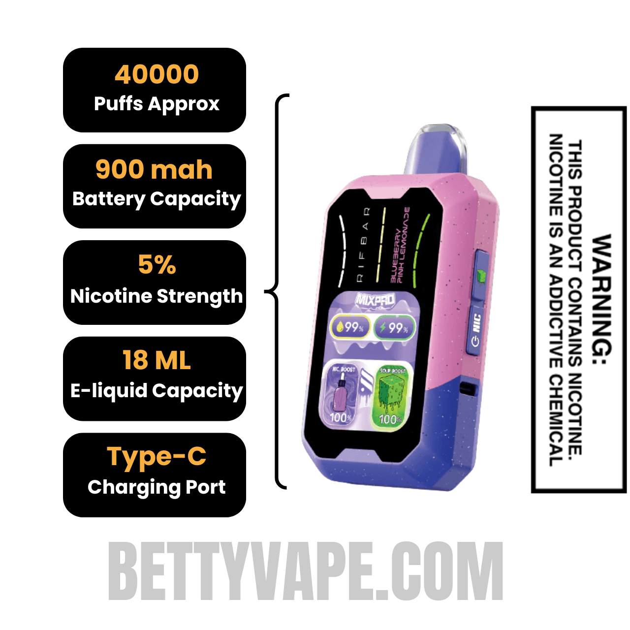 Blueberry Pink Lemonade Rifbar MixPro Sour 40K Disposable Vape Specifications