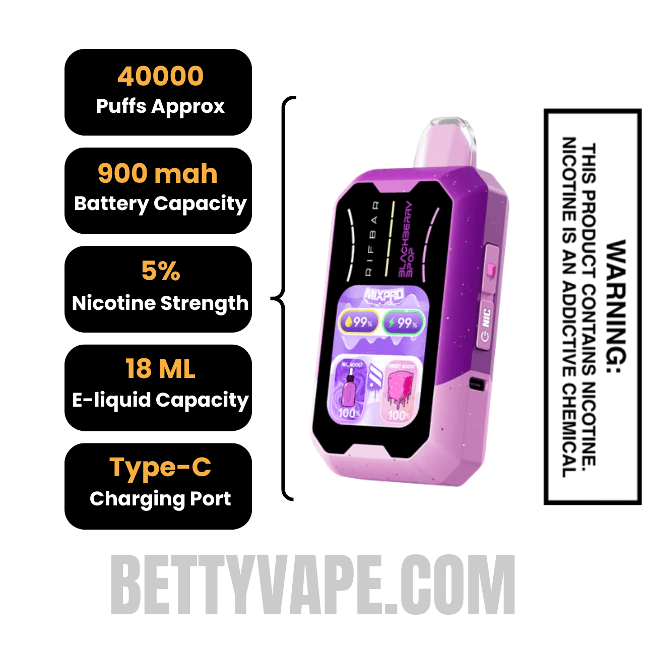 Blackberry B-Pop Rifbar MixPro Sweet 40K Disposable Vape Specifications