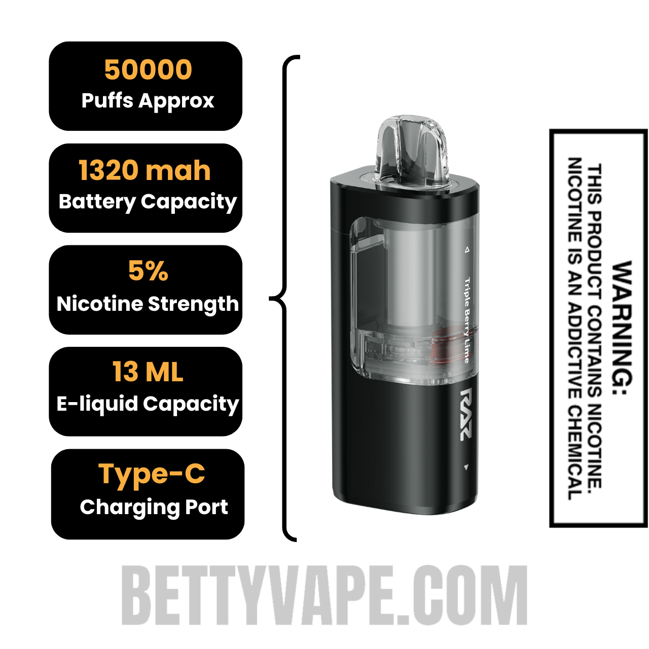 Triple Berry Lime RAZ VUE 50K Disposable Pod Specifications