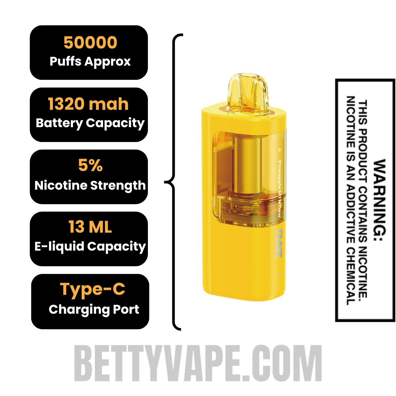 Pineapple MTN Dew RAZ VUE 50K Disposable Pod Specifications