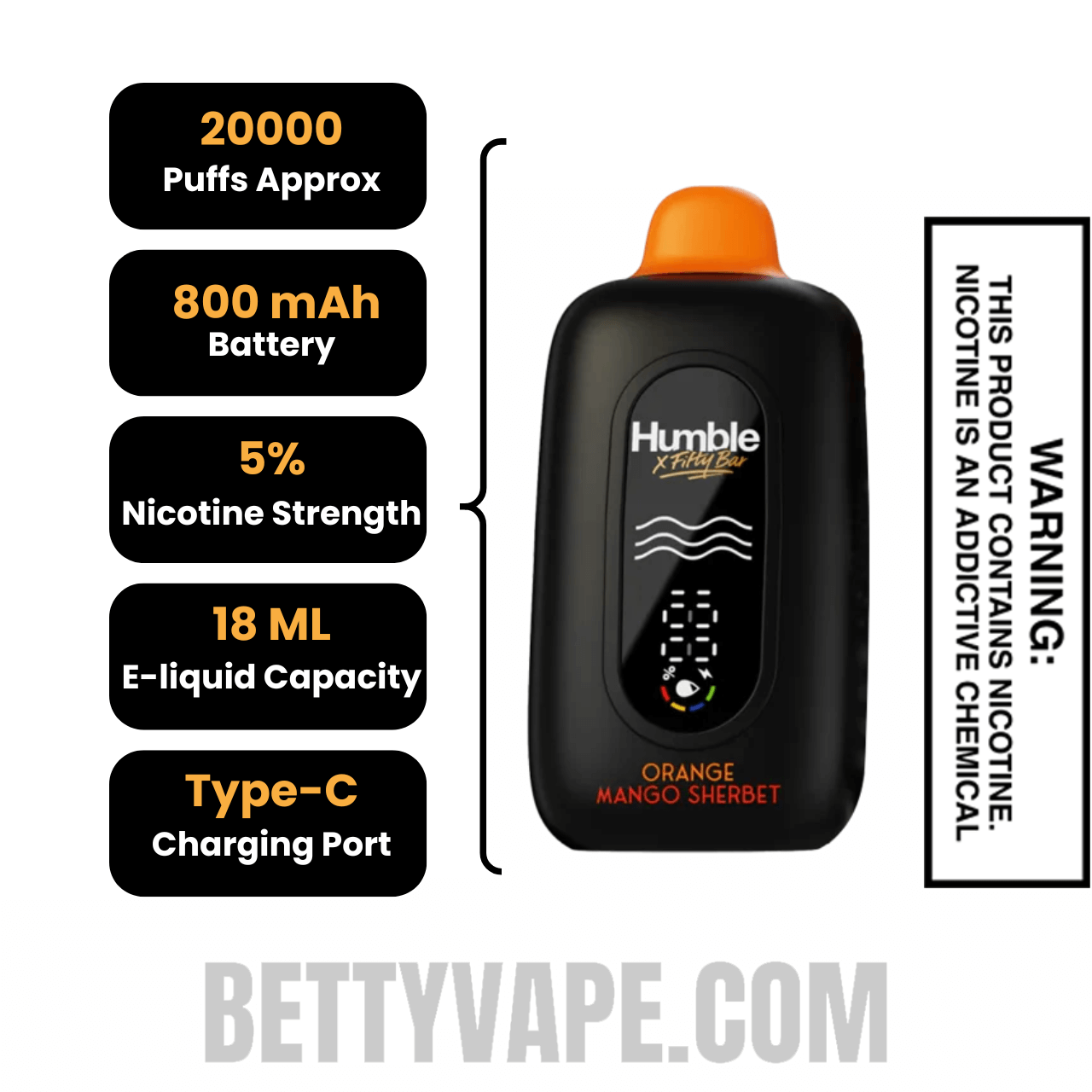 Orange Mango Sherbet Humble X Fifty Bar 20K Disposable Vape Specifications