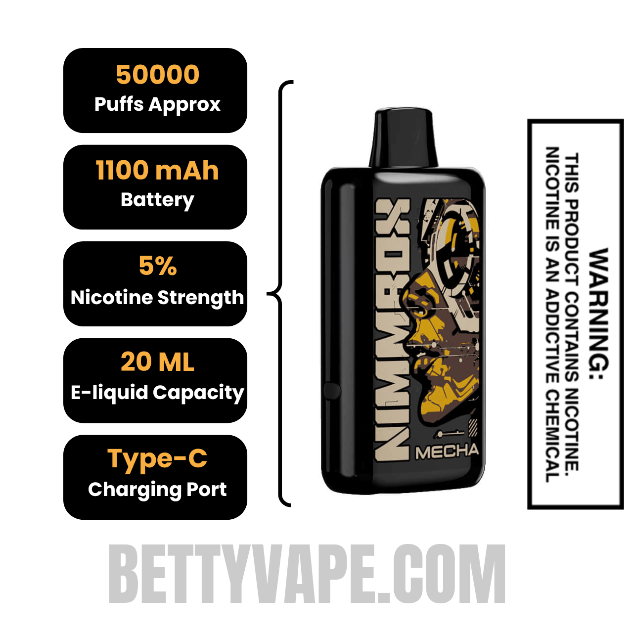 Tobacco Nimmbox MECHA 50K Disposable Vape Specifications