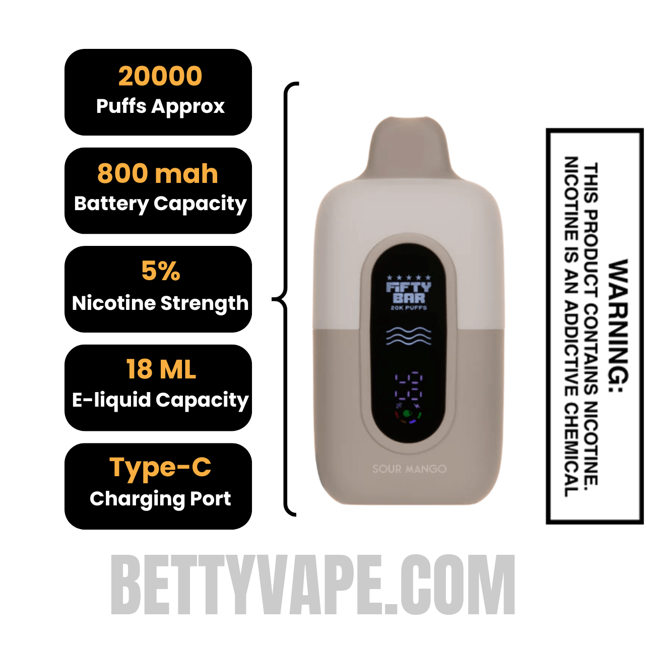 Sour Mango Fifty Bar 20K Texas Edition Disposable Vape Specifications