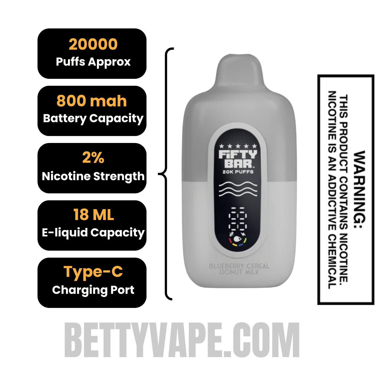 Blueberry Cereal Donut Milk Fifty Bar 20K Silver Series Disposable Vape (20 MG) Specifications