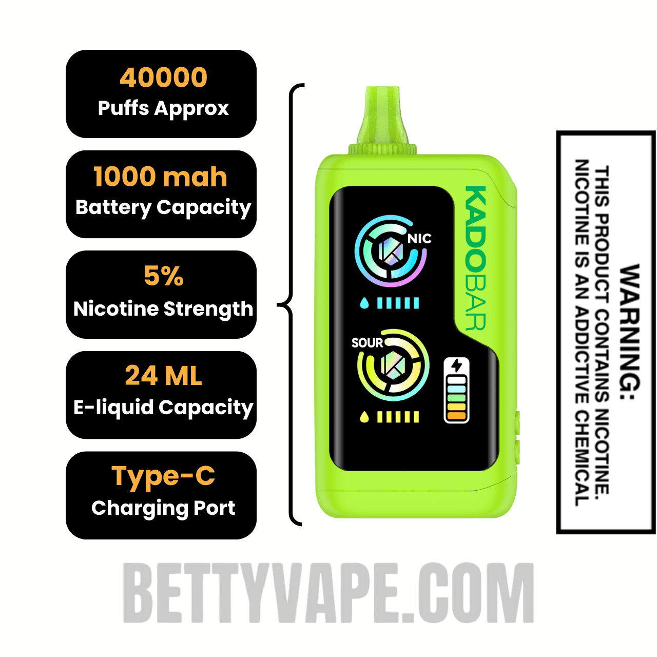Sour Apple Hard Candy Kado Bar NI40K Sour-Nic Control Disposable Vape Specifications