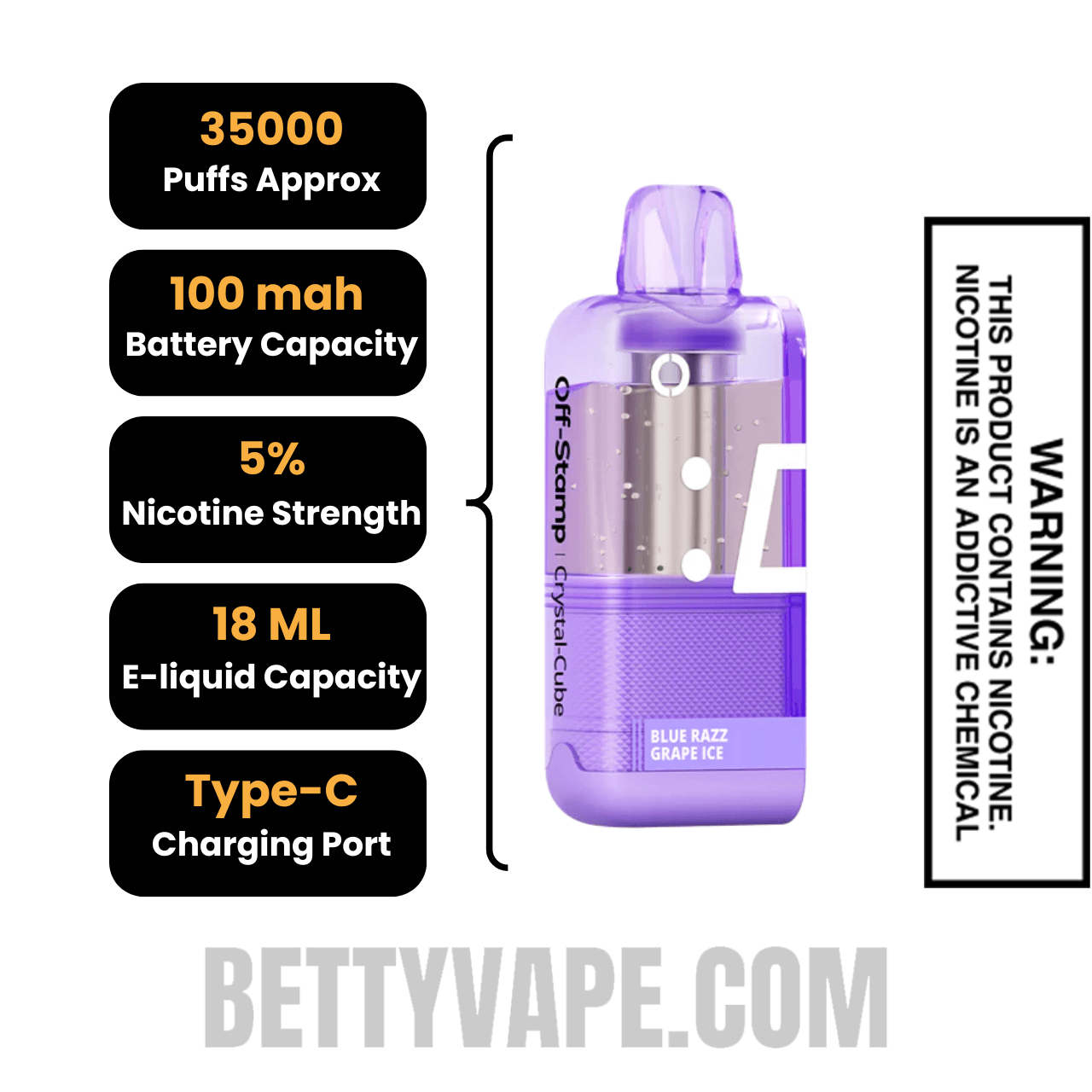 Blue Razz Grape Ice Off Stamp X Cube Crystal Cube 35K Vape Pod Specifications