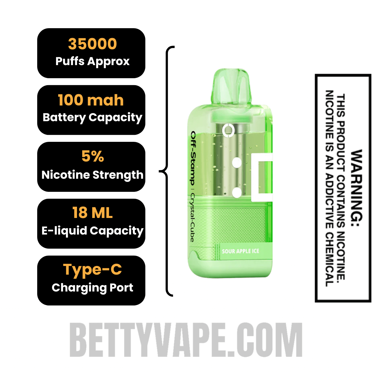 Sour Apple Ice Off Stamp X Cube Crystal Cube 35K Vape Pod Specifications