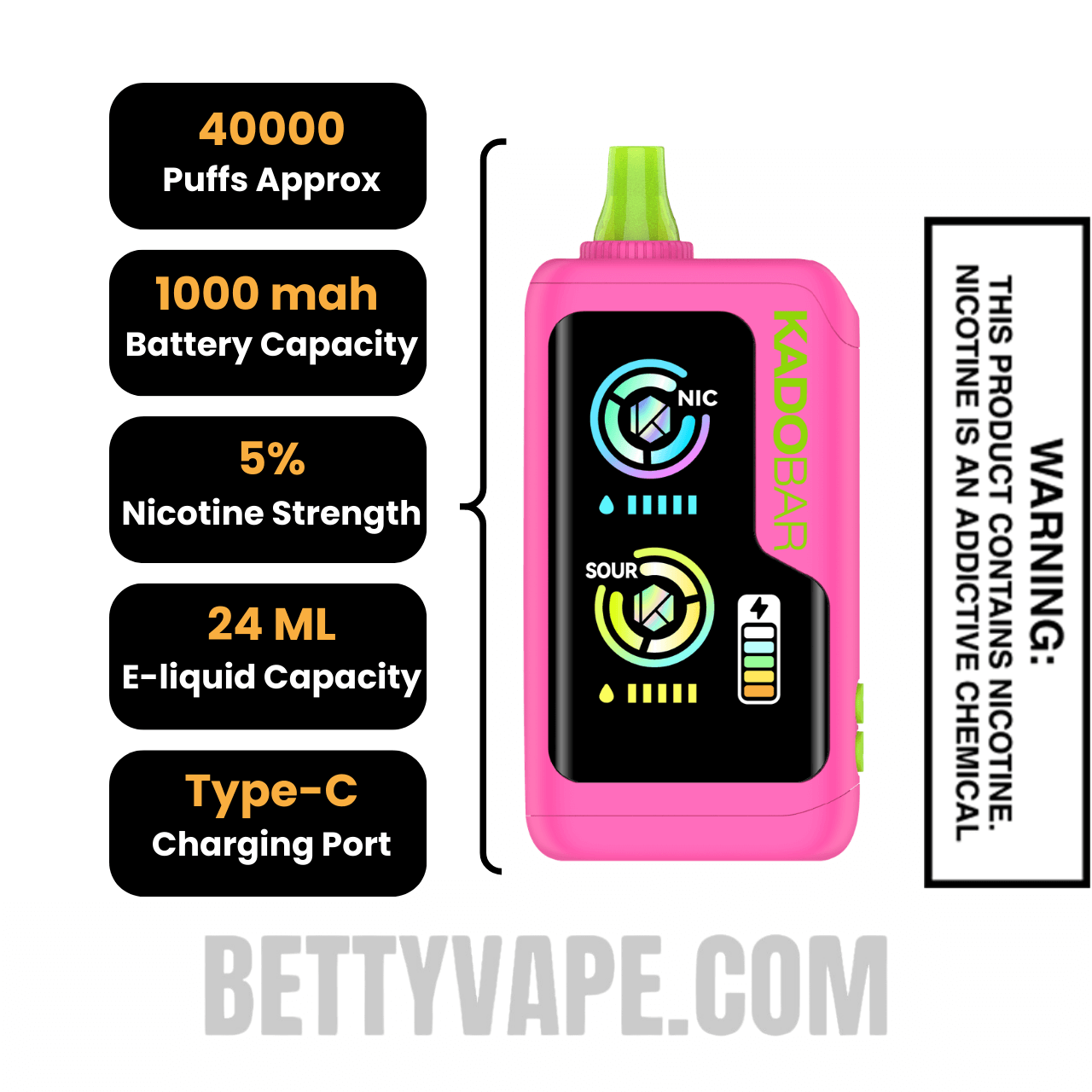 Sour Strawberry Raspberry Kado Bar NI40K Sour-Nic Control Disposable Vape Specifications