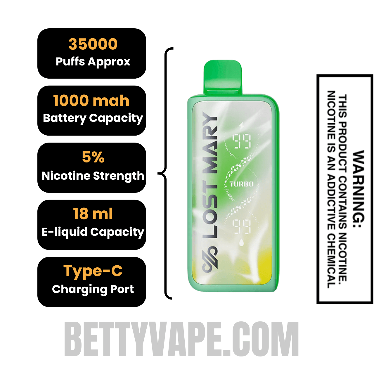 Kiwi Passion Fruit Lost Mary MT35000 Disposable Vape Specifications