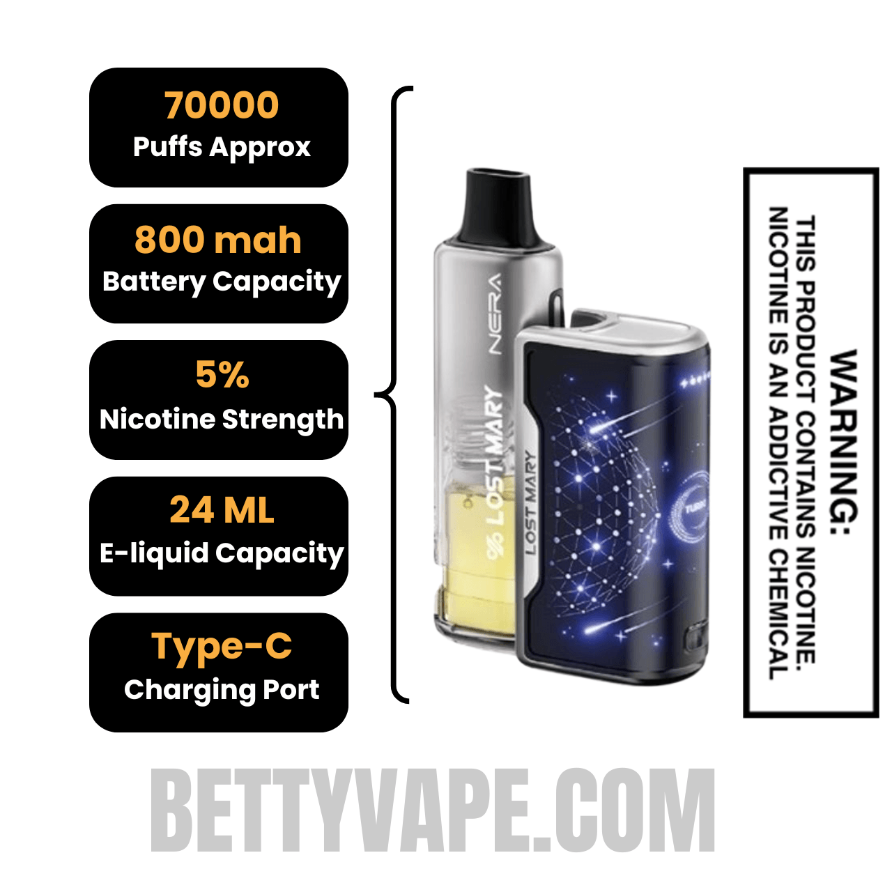 Scary Berry & Golden Berry Lost Mary Nera Fullview 70K Disposable Vape Kit with specifications